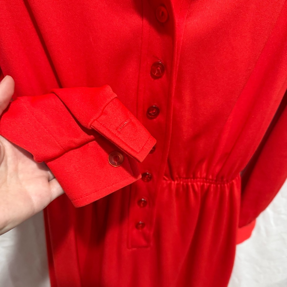 Vintage Red Long Sleeve Button Front Maxi Collared Dress 14 Made in USA Pinup - Picture 6 of 13